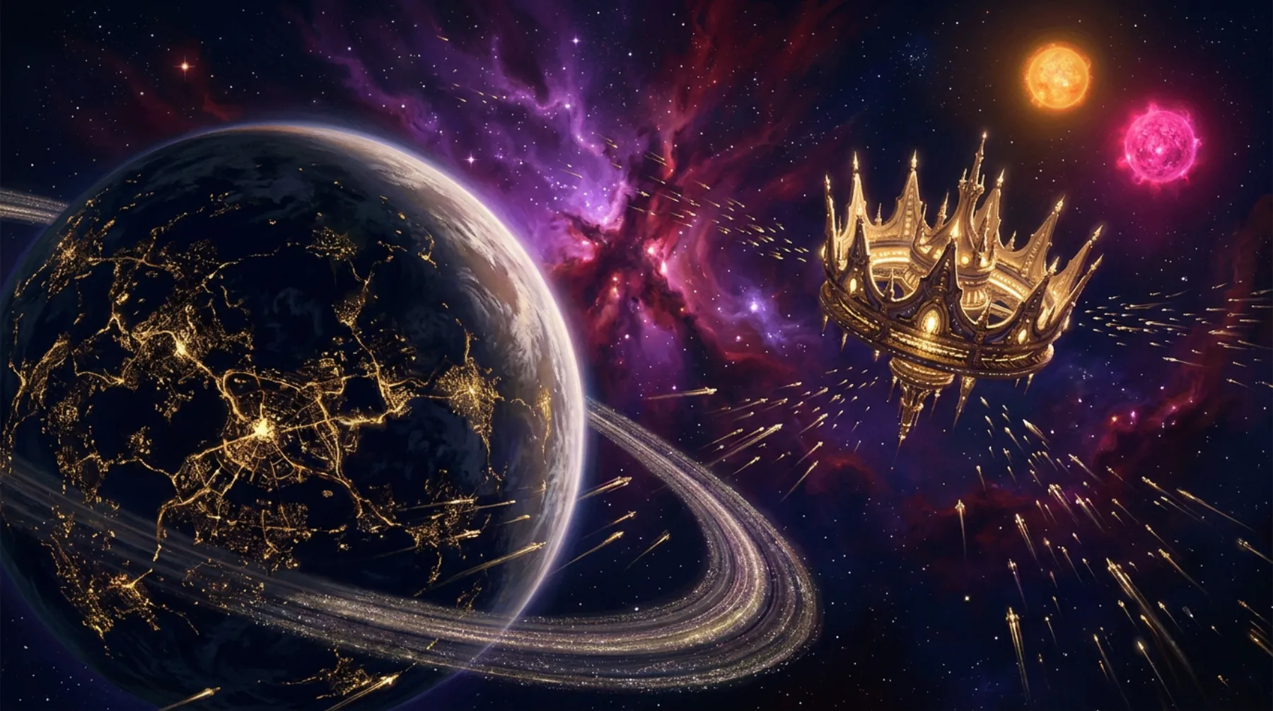 A ringed capital world glowing with golden city lights, fleets streaming toward a colossal crown-shaped orbital station, a purple and crimson nebula and two distant suns behind.
